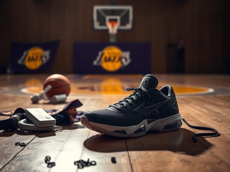 Flick International Close-up of basketball sneakers on a wooden court, indicative of LeBron James' injury impact