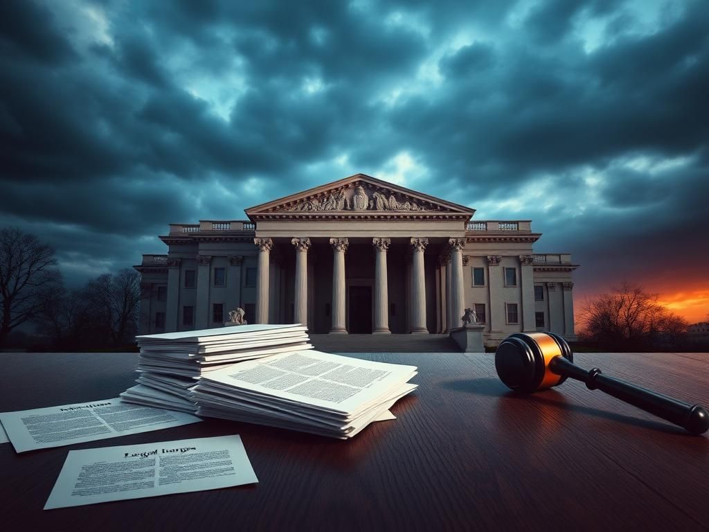 Flick International Dramatic courthouse building symbolizing legal conflict