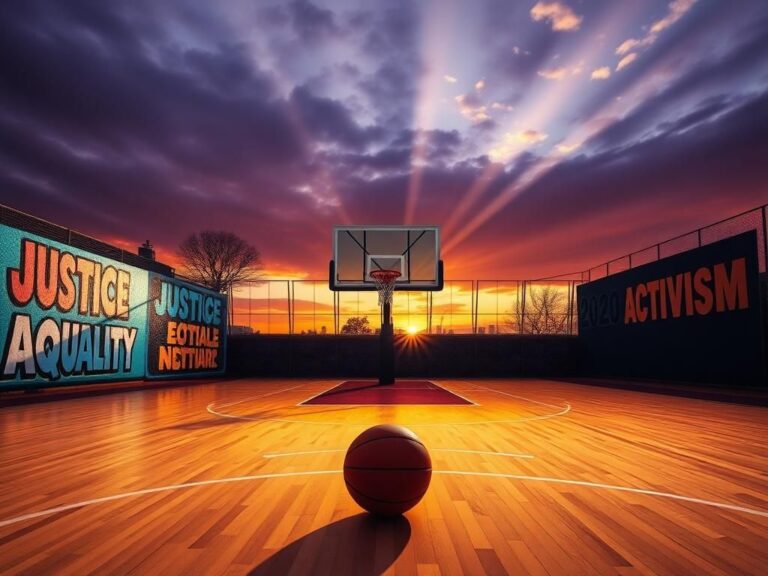 Flick International Empty basketball court under a dramatic sunset with advocacy murals