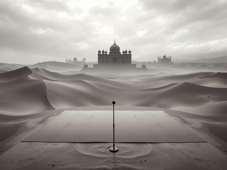 Flick International Stark desert landscape with an empty stage and microphone symbolizing oppression