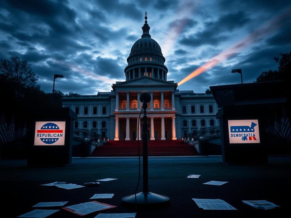 Flick International Dramatic political debate stage with contrasting podiums symbolizing party tensions