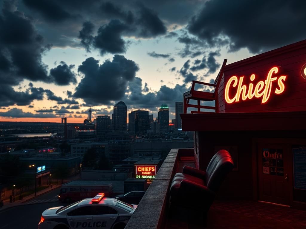 Flick International Overturned chair near the edge of a Nashville bar rooftop during a police incident