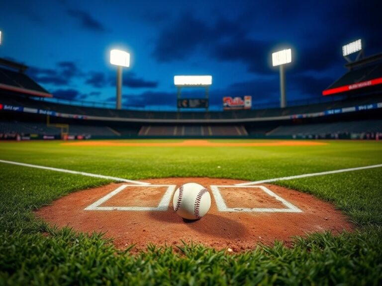 Flick International Dramatic baseball diamond scene at night with a baseball on the grass