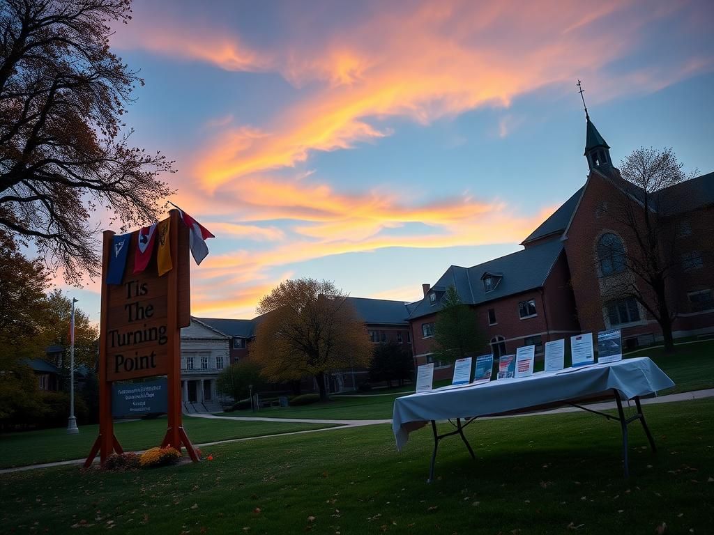 Flick International Campus setting at dusk with Turning Point sign at The University of North Dakota