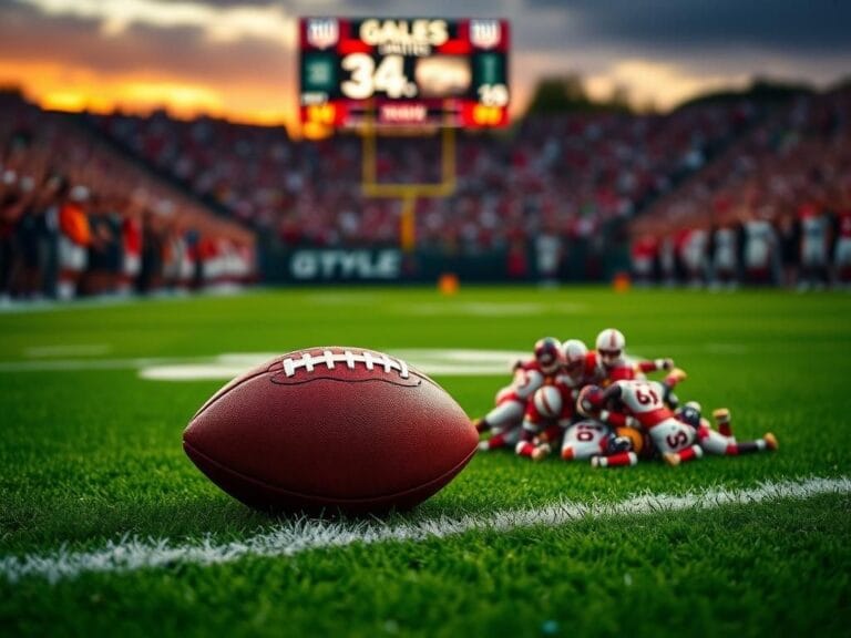 Flick International Close-up of a football on a green field with chalk lines and fallen yard markers, signifying a crucial moment in a football game.