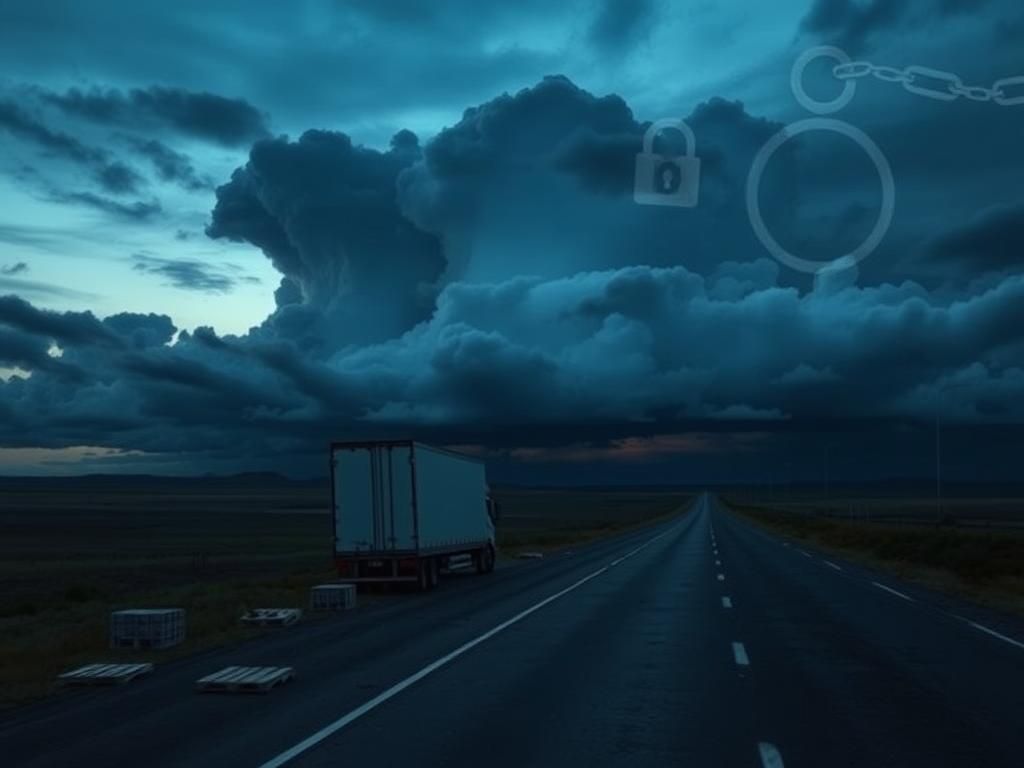 Flick International A somber scene of a lonely abandoned truck trailer on an empty highway at dusk, representing the rise of cargo theft