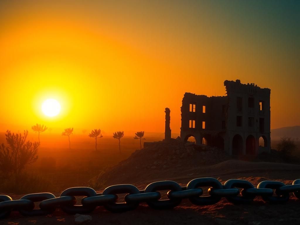 Flick International A dramatic landscape of the Middle East representing hope and peace with a sun setting over Gaza's war-torn building.