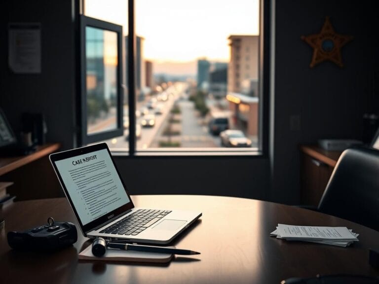 Flick International Tranquil office scene in a sheriff's department featuring a modern workstation with AI program drafting a case report
