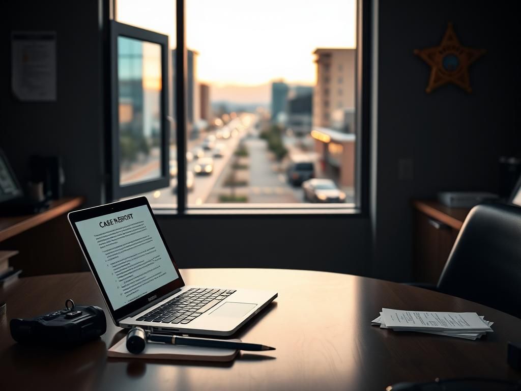 Flick International Tranquil office scene in a sheriff's department featuring a modern workstation with AI program drafting a case report