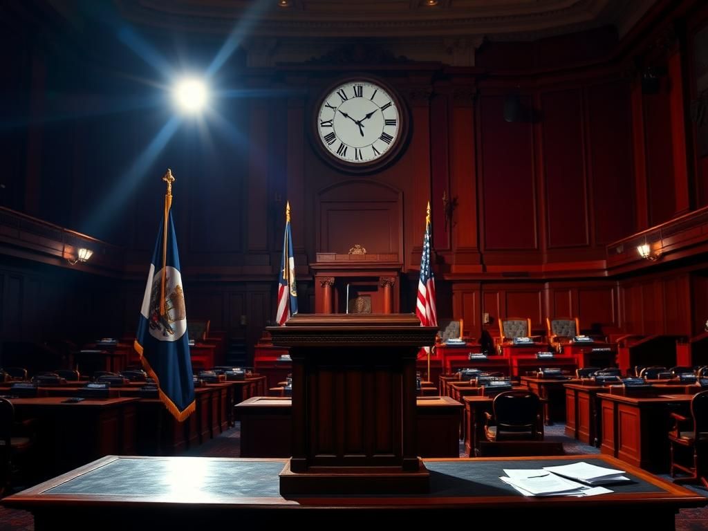 Flick International Political scene in Virginia state Capitol with podium and flags