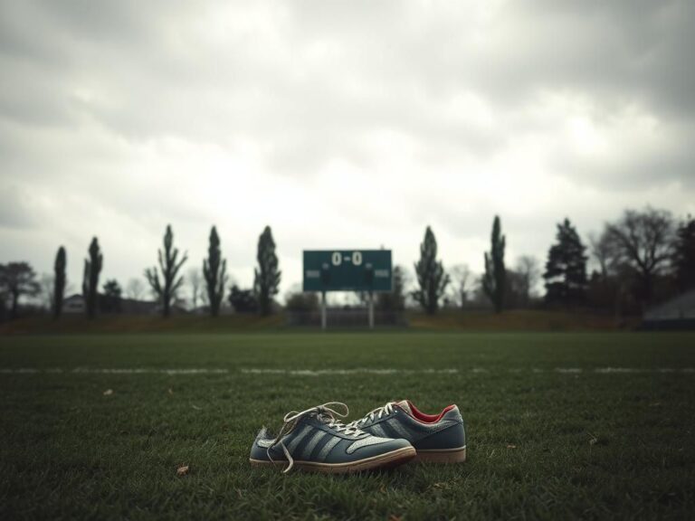 Flick International A decrepit pair of athletic shoes on a stark, empty sports field under an overcast sky