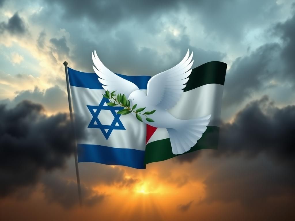 Flick International Abstract representation of a dove with an olive branch against a backdrop of Israel's flags, symbolizing peace amidst conflict.