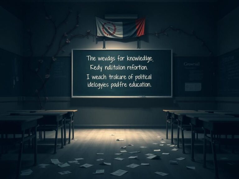 Flick International A somber classroom with empty desks and a political slogan on the chalkboard emphasizing education reform.