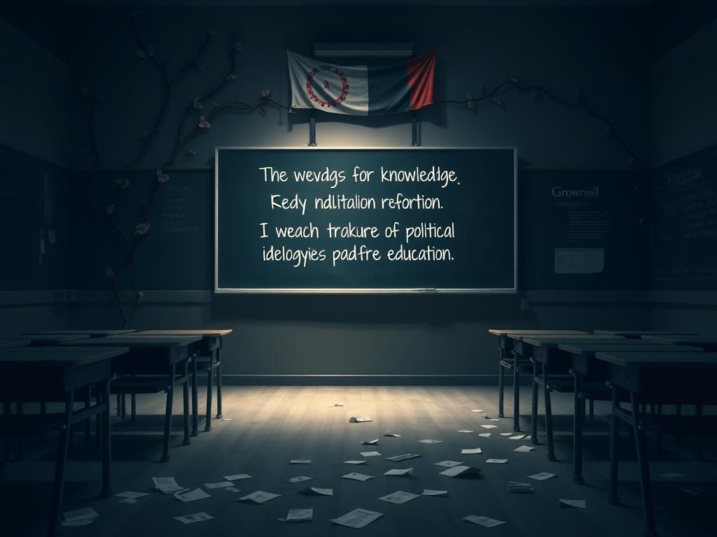 Flick International A somber classroom with empty desks and a political slogan on the chalkboard emphasizing education reform.