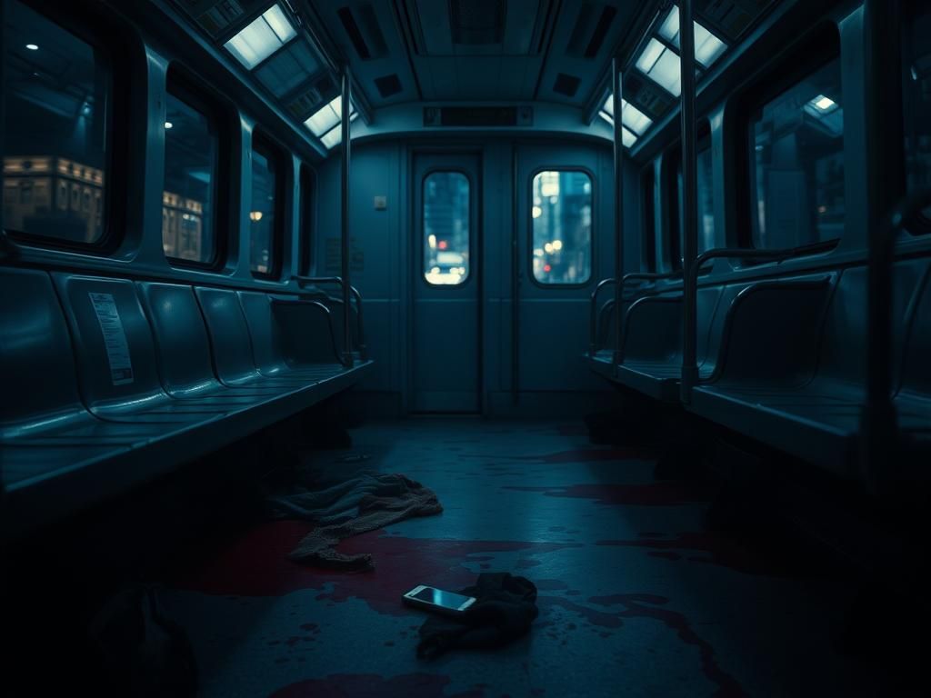 Flick International Dimly lit interior of a light rail train with scattered personal belongings and signs of violence