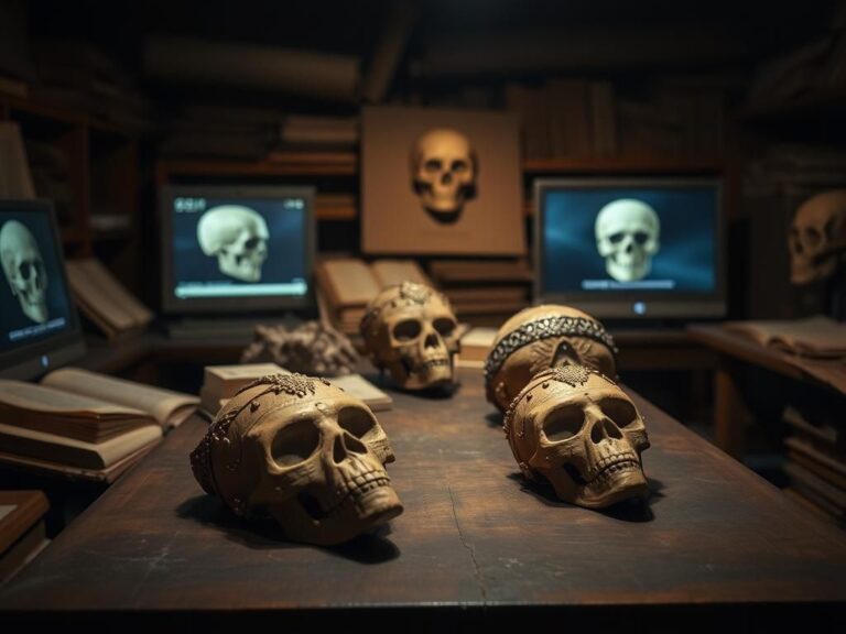 Flick International Display of intricately designed ancient Colombian funerary masks in a dimly lit archaeological lab