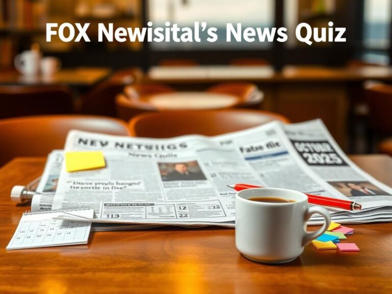 Flick International Close-up view of a newspaper spread with the headline 'Fox News Digital's News Quiz' in a coffee shop setting.