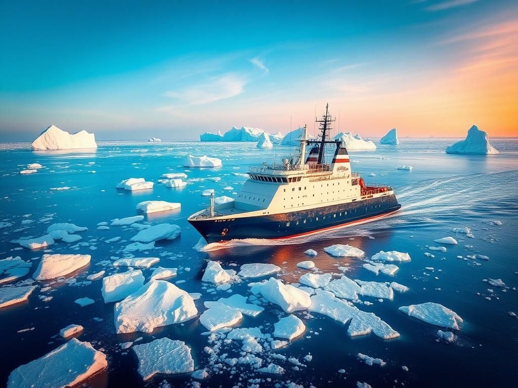 Flick International Modern icebreaker ship navigating through Arctic ice with floating icebergs