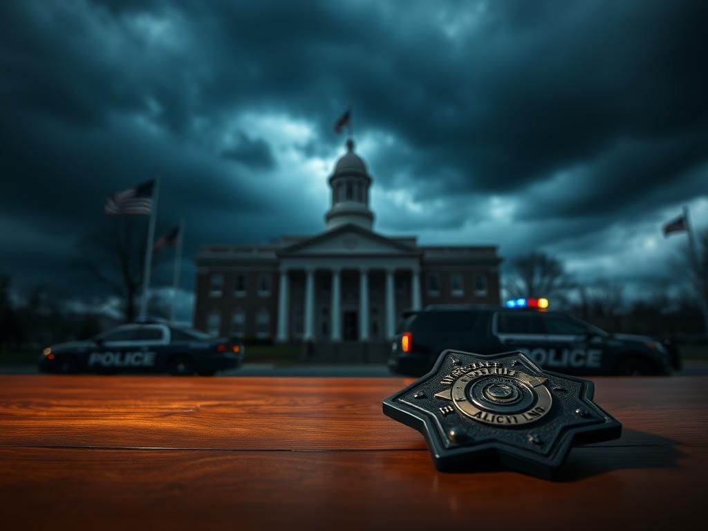 Flick International A weathered police badge on a desk, symbolizing fallen officers at a darkened Virginia statehouse