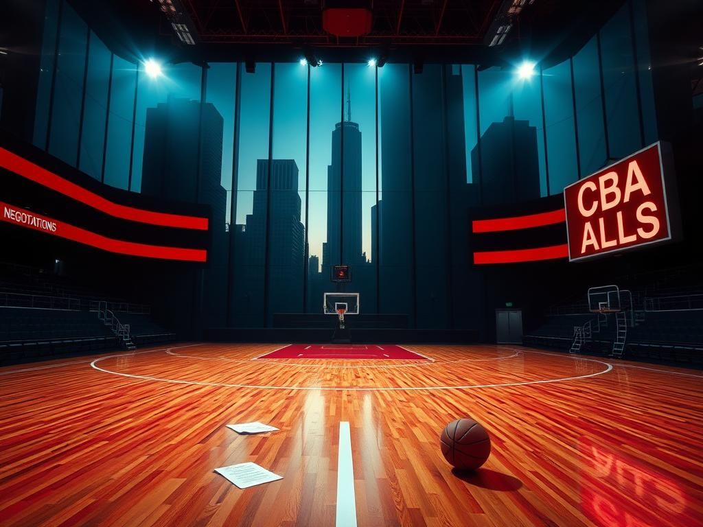 Flick International An empty basketball court with a closed door labeled 'Negotiations' ajar, symbolizing ongoing labor talks.