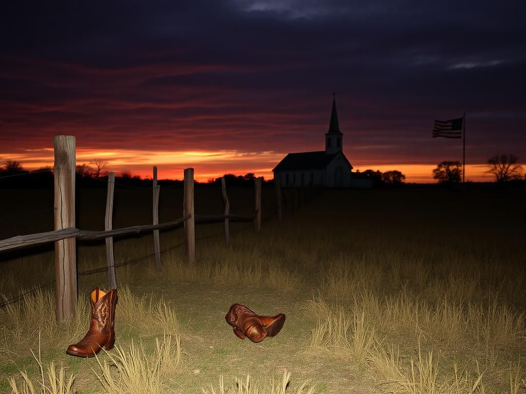 Flick International Somber country landscape at dusk with a wooden fence and old church