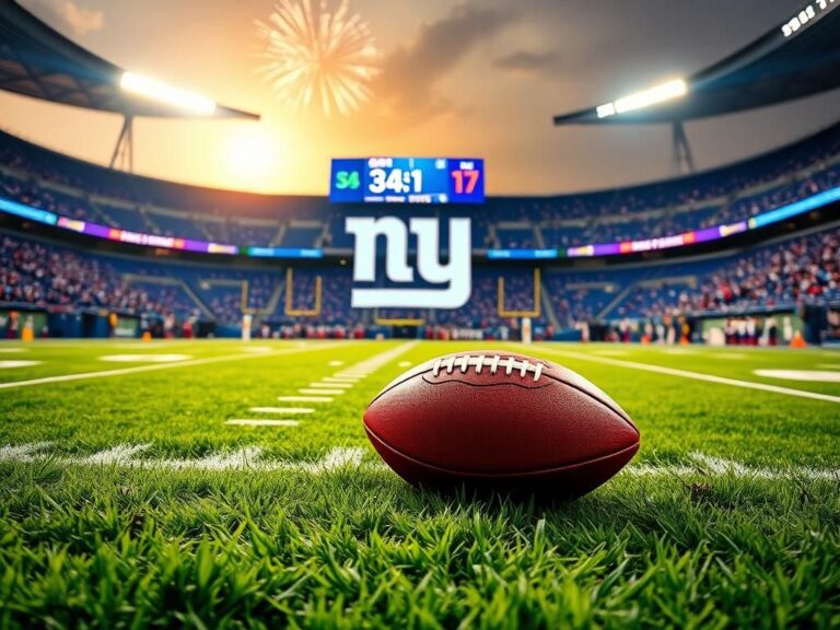 Flick International A vibrant football scene at MetLife Stadium with a football resting on the turf and the New York Giants logo in the background.