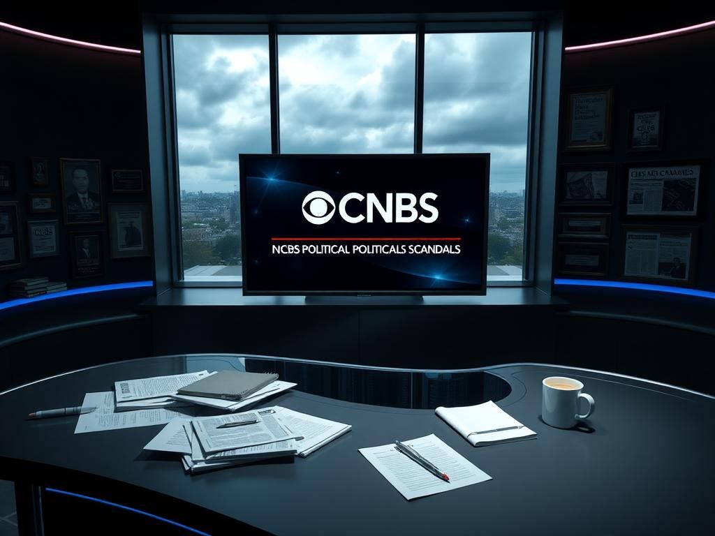 Flick International A modern news desk showcasing CBS News logo and political scandal headlines