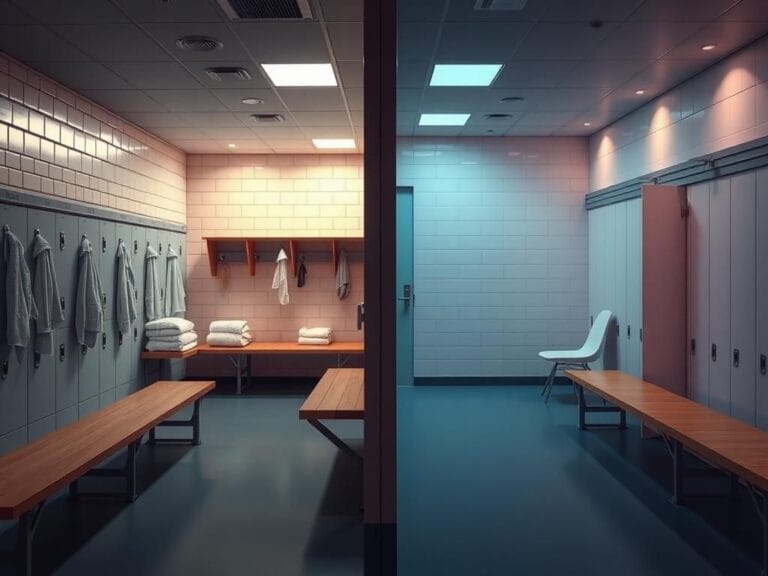 Flick International A split scene contrasting a men's locker room with a women's locker room, illustrating tensions over gender access
