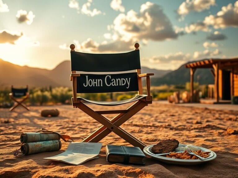Flick International Vintage film set featuring a director's chair labeled 'John Candy' in a rustic Mexican landscape