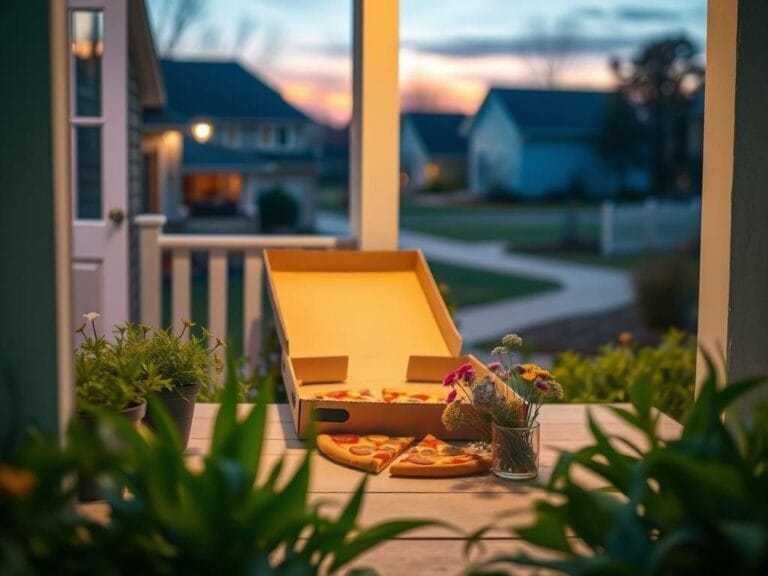 Flick International A peaceful porch scene at dusk featuring an open pizza box with slices of pizza and a bouquet of wildflowers.