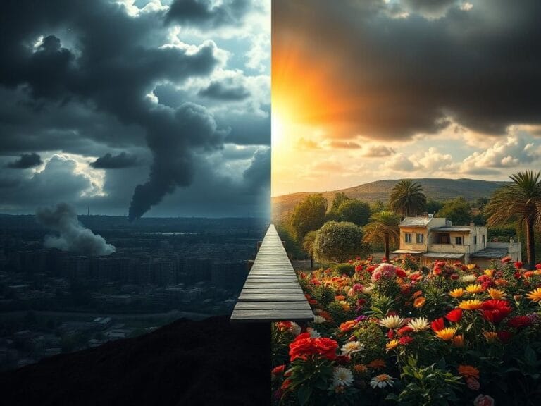 Flick International A split landscape showing urban conflict with crumbling buildings on one side and a flourishing garden representing peace and coexistence on the other.