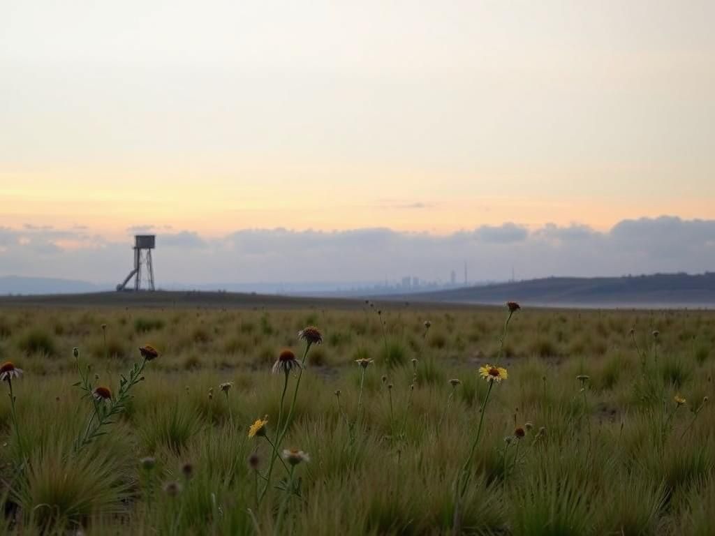 Flick International Serene landscape at the Gaza-Israel border during a ceasefire with waving grasses and wildflowers.