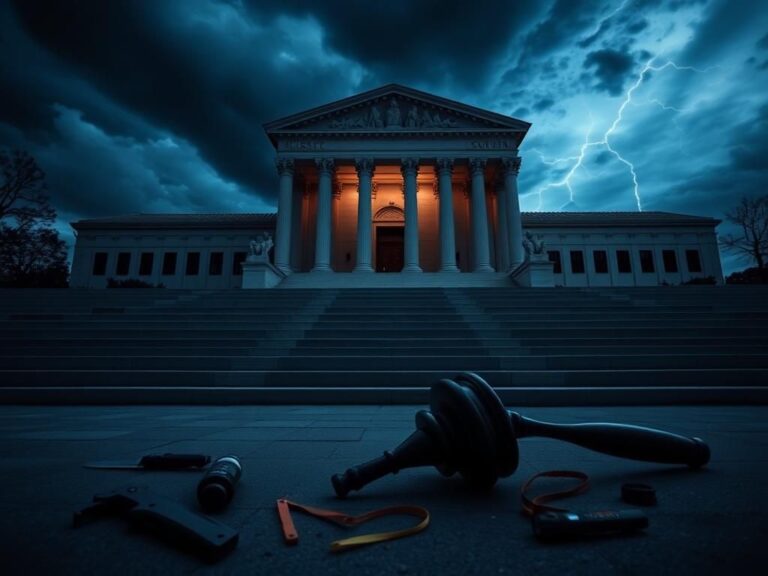Flick International A dark, moody scene outside the Supreme Court building with a broken gavel and ominous objects symbolizing political violence