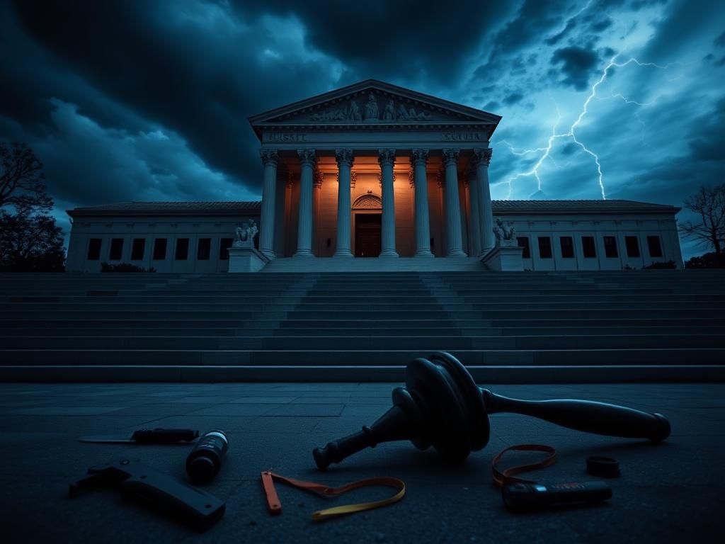 Flick International A dark, moody scene outside the Supreme Court building with a broken gavel and ominous objects symbolizing political violence