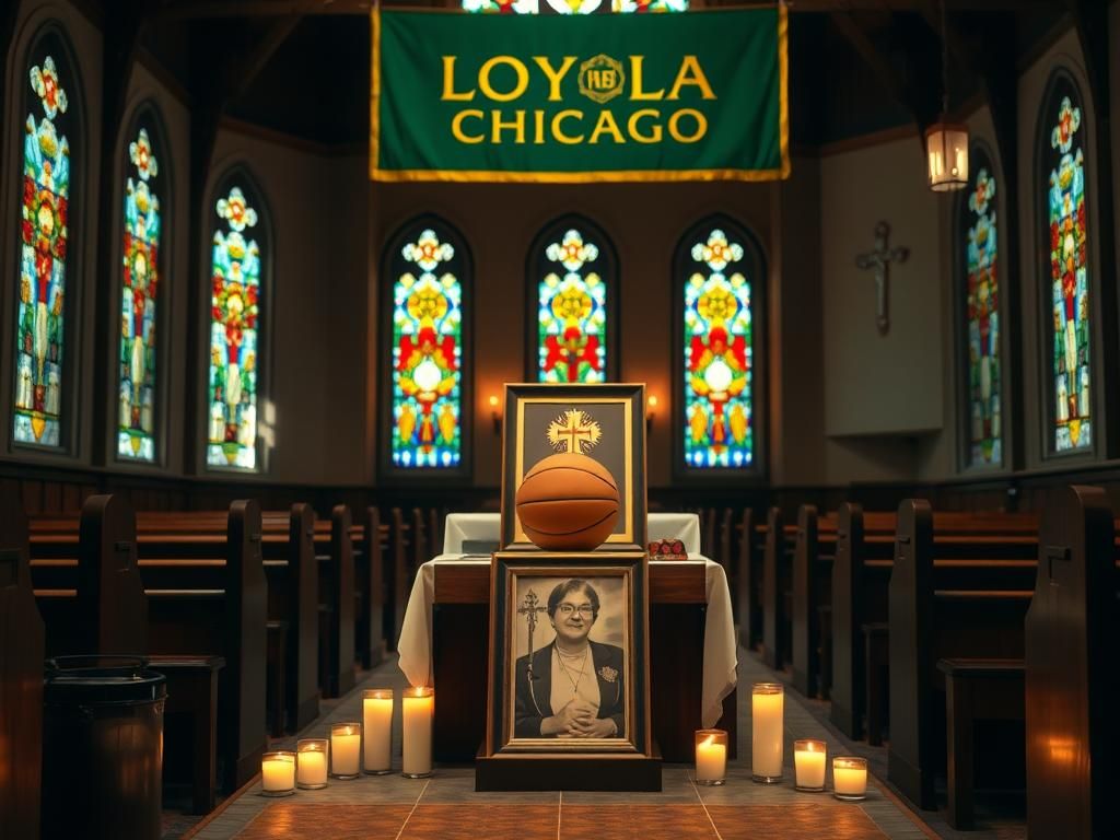 Flick International A serene chapel altar dedicated to Sister Jean with basketball memorabilia.