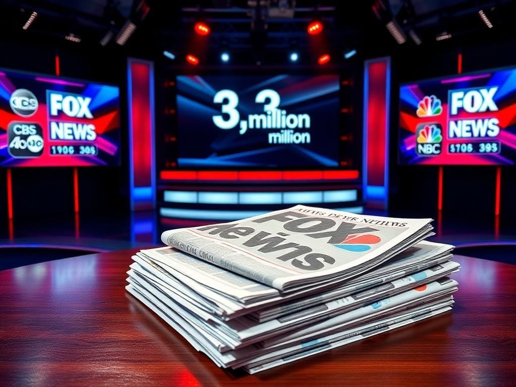 Flick International Dramatic television studio set with vibrant screens displaying ratings statistics