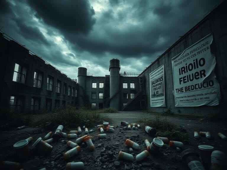 Flick International Abandoned pharmaceutical factory overgrown with weeds, symbolizing the opioid epidemic