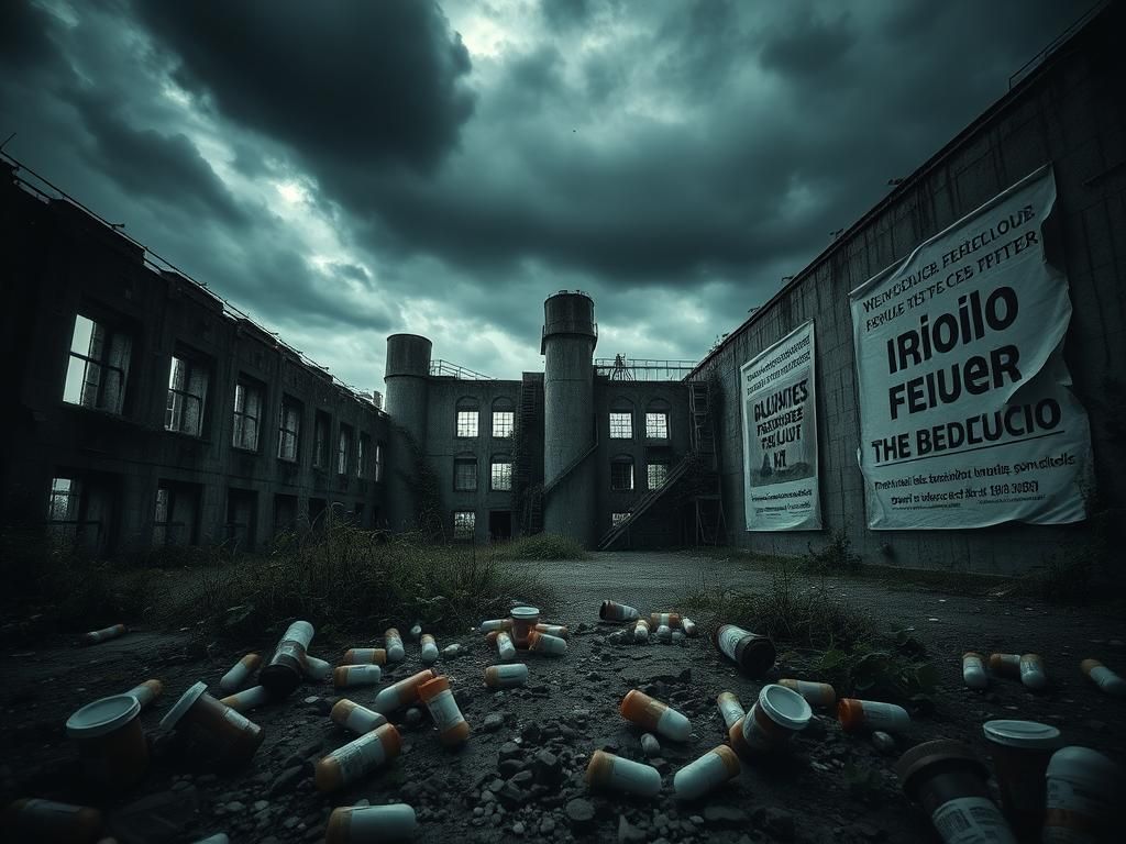 Flick International Abandoned pharmaceutical factory overgrown with weeds, symbolizing the opioid epidemic