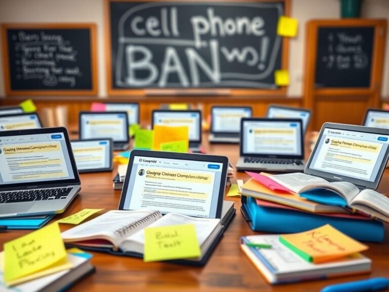 Flick International A cluttered wooden desk with laptops displaying colorful Google Docs and vibrant Post-It notes amidst a classroom setting illustrating creativity in overcoming cell phone bans.