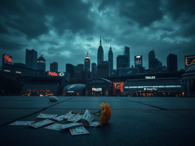 Flick International Moody Philadelphia cityscape at night featuring empty sports stadiums symbolizing recent losses