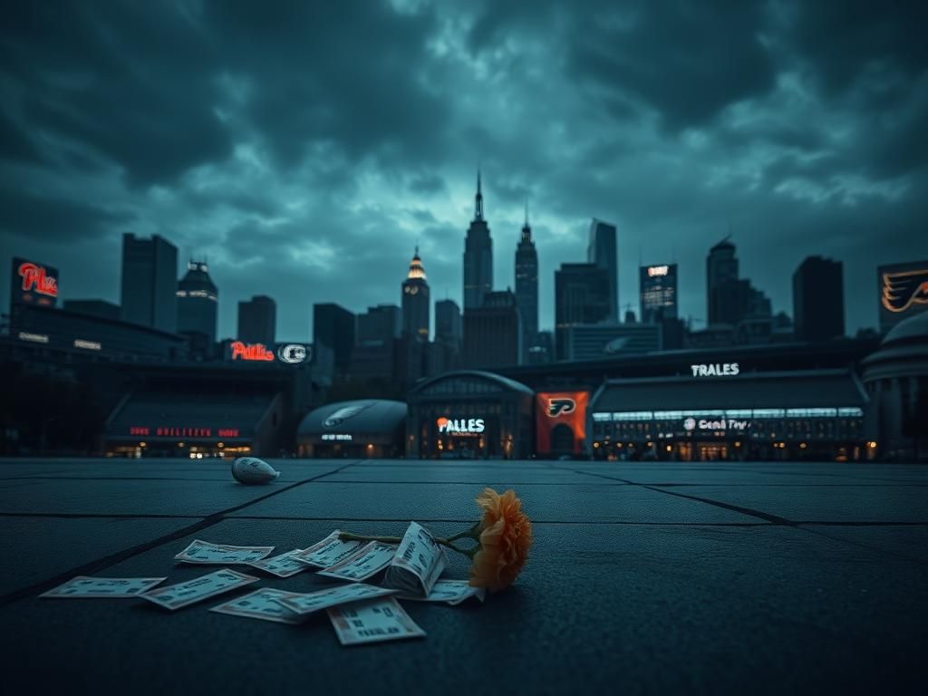 Flick International Moody Philadelphia cityscape at night featuring empty sports stadiums symbolizing recent losses