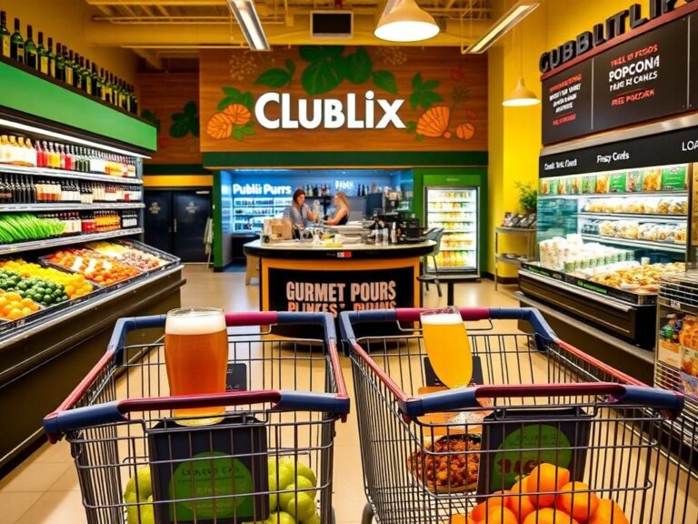 Flick International Vibrant interior of Publix supermarket featuring customers enjoying drinks while shopping