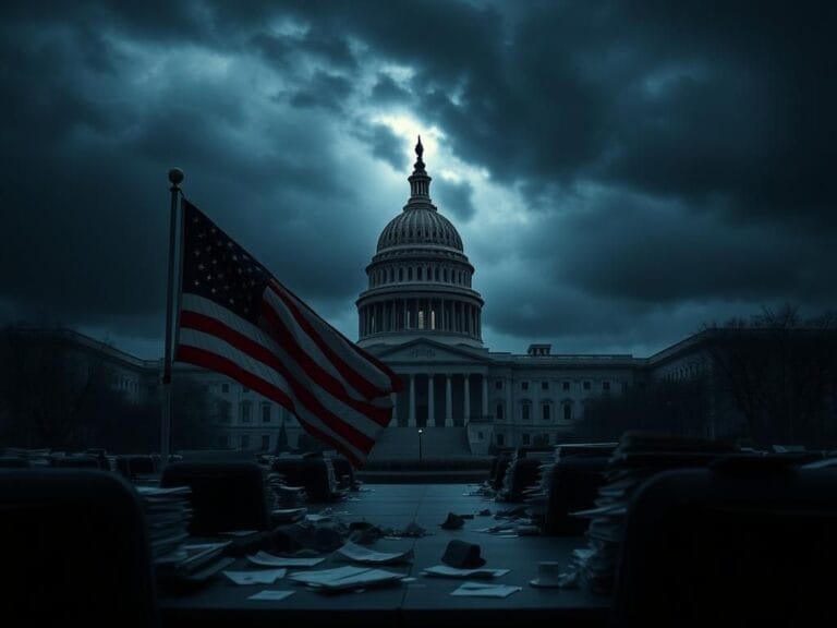Flick International Dimly lit U.S. Capitol building symbolizing political gridlock during government shutdown