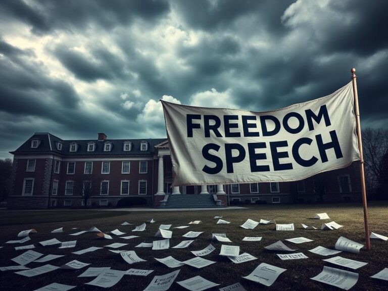 Flick International An abstract representation of a university campus with a stormy sky and a torn banner symbolizing freedom of speech