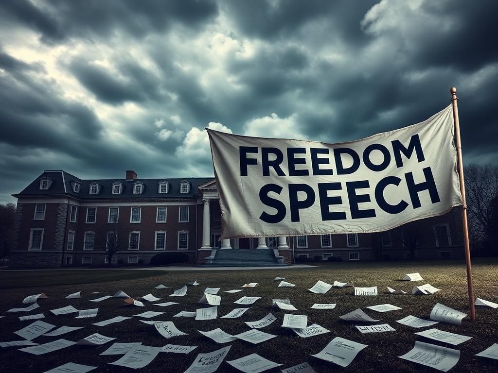 Flick International An abstract representation of a university campus with a stormy sky and a torn banner symbolizing freedom of speech