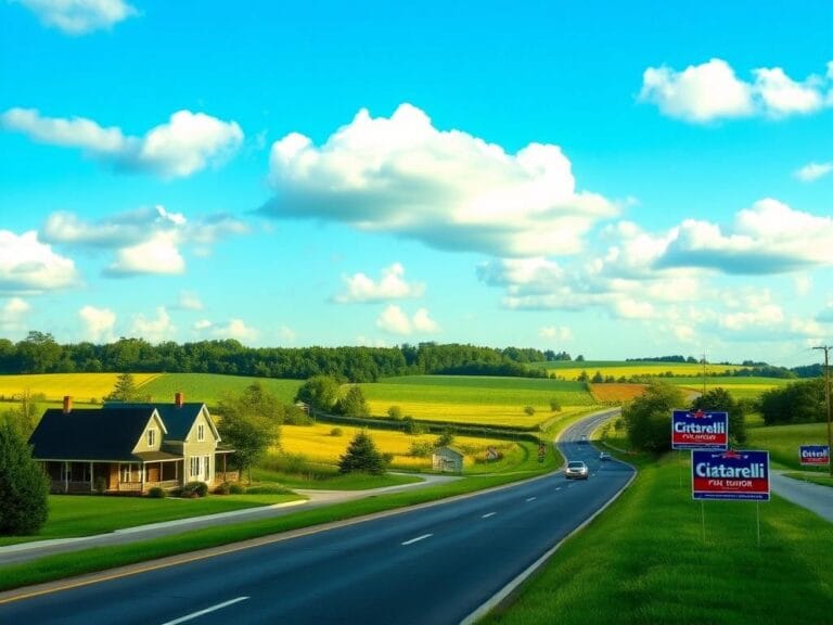 Flick International Scenic view of Route 40 in southern New Jersey with Victorian-style homes and campaign signs