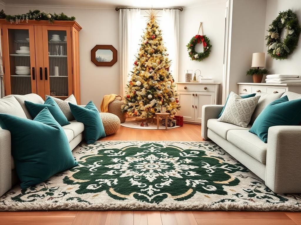 Flick International Cozy living space with a plush medallion-patterned area rug and holiday decorations