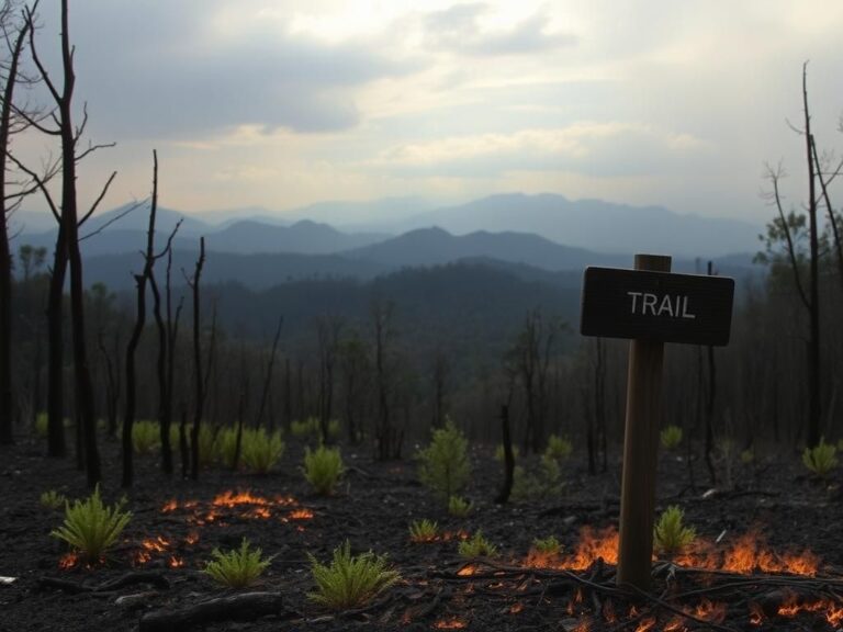 Flick International Charred forest aftermath of the Palisades Fire with blackened trees and hint of resilient greenery