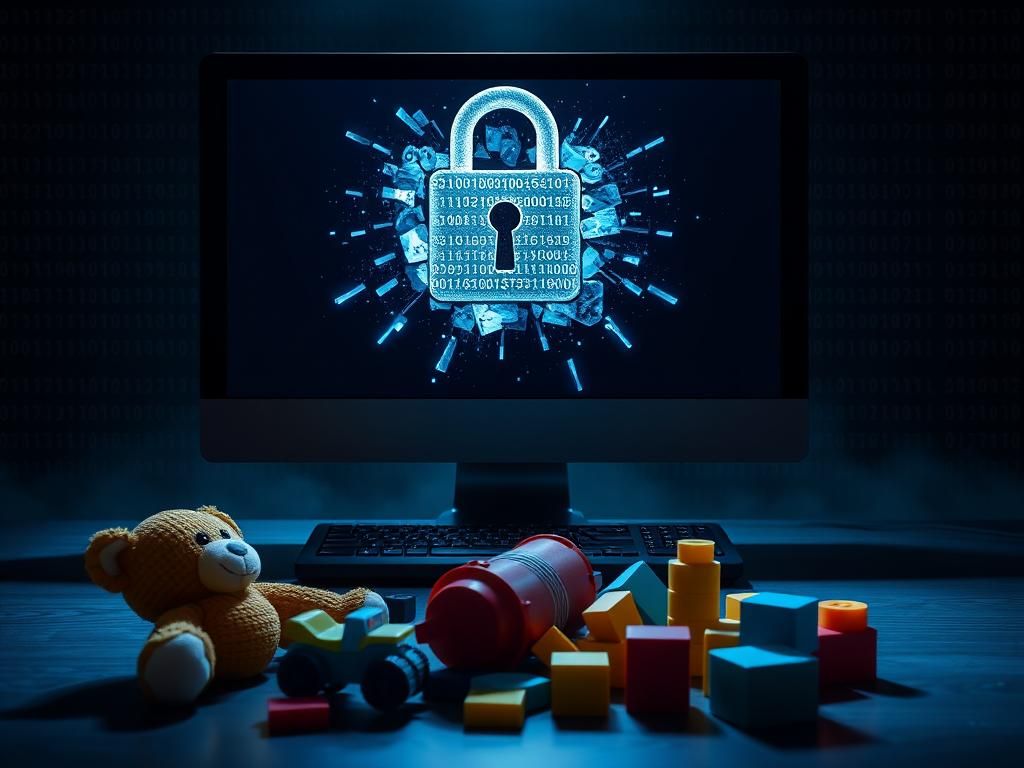 Flick International Dark computer screen with shattered digital lock next to children's toys representing a data breach