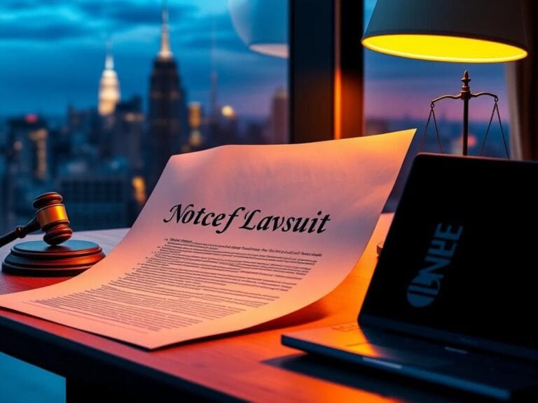 Flick International Abstract representation of a legal document titled 'Notice of Lawsuit' against a blurred New York City skyline